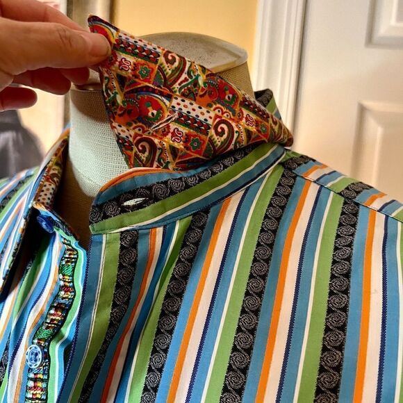 EEUC Men's Robert Graham Striped‎ Shirt Contrasting Cuff Lining Size XLT XL Tall - Picture 5 of 8